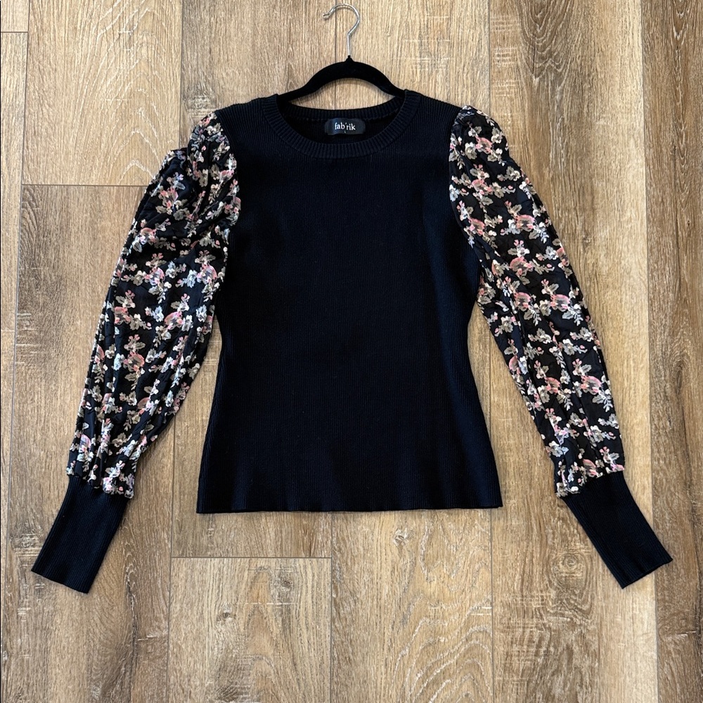 fab'rik Black Sweater with Floral Sleeves